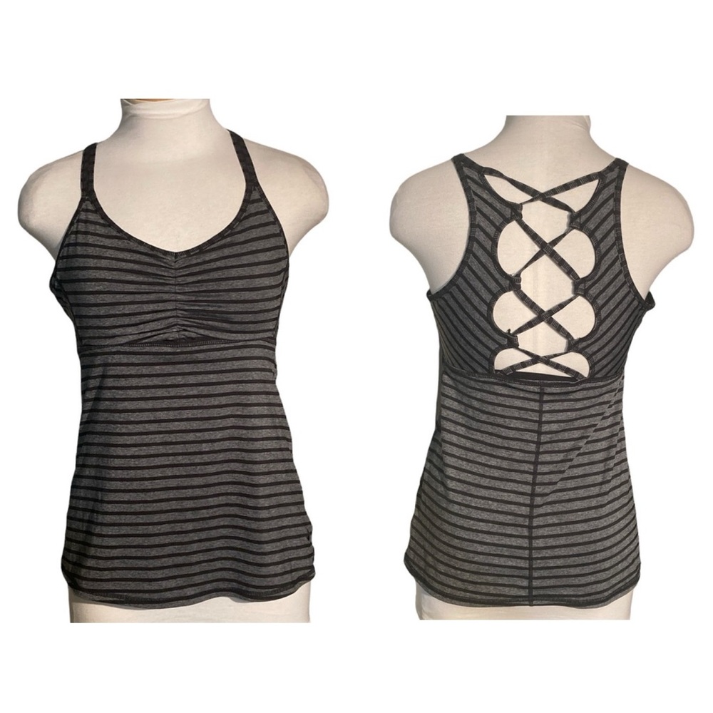 Prana Filament Black and Gray Striped Criss Cross Back Tank Size Small